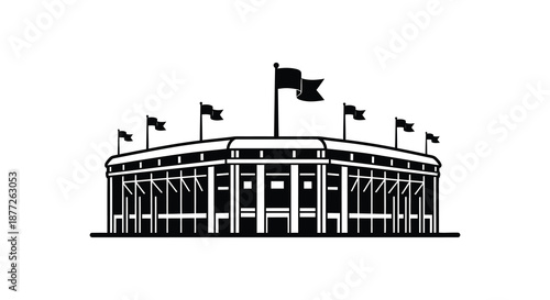 An elegant depiction of a stadium with waving flags rendered as a striking silhouette