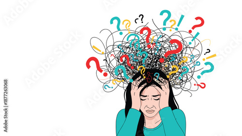 Overwhelmed woman holds her head while surrounded by a messy cloud of colorful question marks and exclamation points representing stress and confusion.