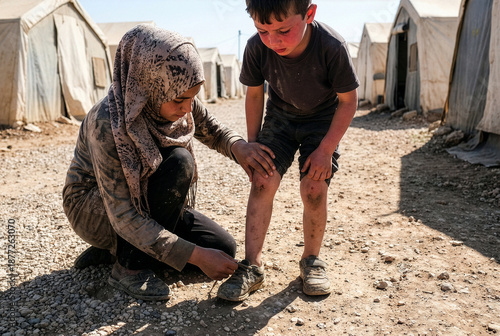 Children in refugee camp helping each other with shoes