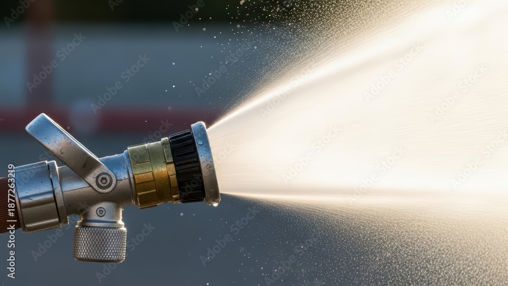 Naklejka premium Close-up of fire hose nozzle spraying water with mist effect in sunlight