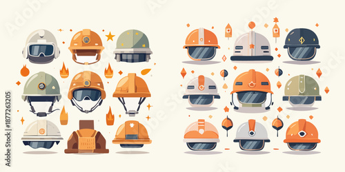 A vector illustration set featuring a construction site design with worker icons, industrial safety equipment, a builder in a hard hat, and business service symbols for the building industry