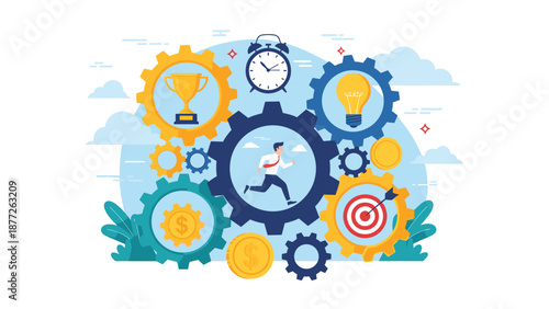 Businessman runs inside a large gear surrounded by various business icons like a trophy, clock, and target symbolizing a busy corporate work cycle.