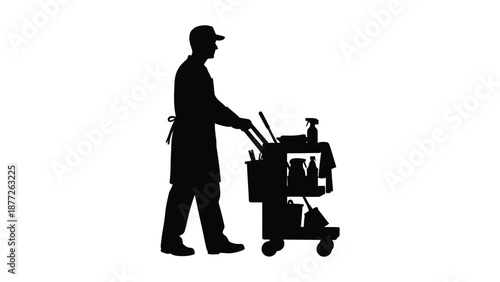 Silhouette of a professional cleaner or janitor pushing a fully stocked service cart with various cleaning supplies and tools on a plain white background for concept illustration