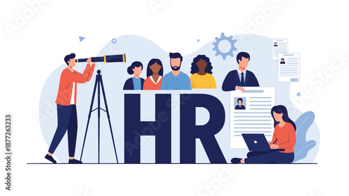 Human resources team with various people around large HR letters includes a man with a telescope searching for new talent and a woman with a laptop.