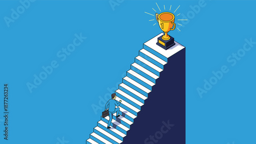 Professional man in a suit climbs a long white staircase towards a large gold trophy at the top against a bright blue sky for success and achievement.