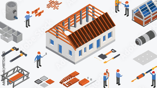 Construction workers building a house with various tools and materials