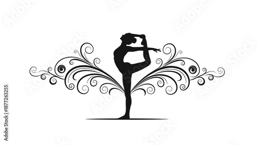Elegant black silhouette of a female in a decorative yoga pose surrounded by intricate floral swirls for wellness, beauty, and physical fitness concepts.