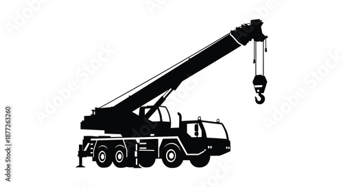 Detailed black silhouette of a mobile crane with a hook showcasing heavy machinery design silhouette
