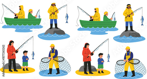 Fishing activity vector set with fishermen catching fish from boat, shore, and sea using rods and nets illustration
