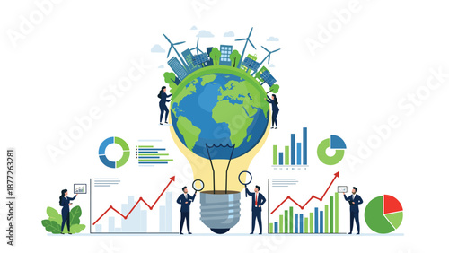Global ecology concept with an earth globe inside a lightbulb surrounded by people, wind turbines, solar panels, and financial growth charts for green business.
