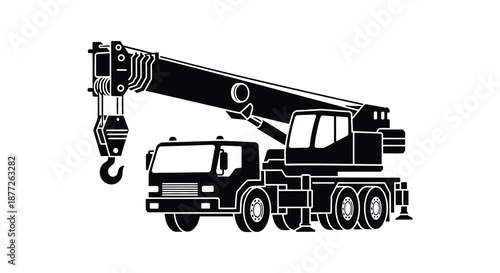 a black and white illustration of a crane truck silhouette high quality professional