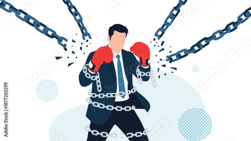 A determined businessman wearing red boxing gloves breaks through thick metal chains wrapped around him symbolizing freedom and overcoming work obstacles.