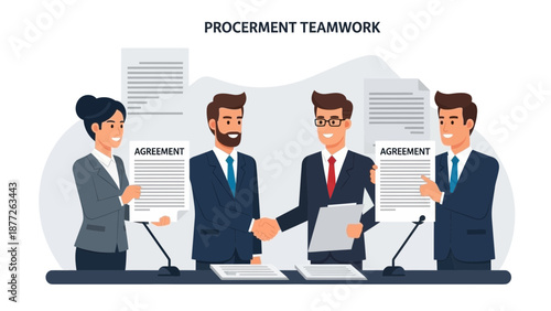 Businessmen and Businesswomen Shaking Hands, Signing Agreement, Procurement Teamwork