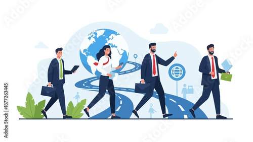 Business People Walking on Road Towards Globe, Global Business Concept