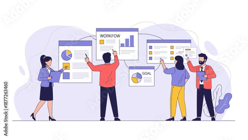 Business Team Planning Workflow and Goals on Whiteboard