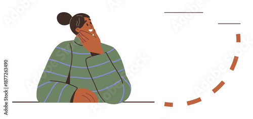 Contemplation, decision-making, creativity, focus, brainstorming, problem-solving. A person resting their chin on their hand, looking up thoughtfully. Contemplation and decision-making concept