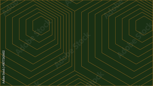 Luxury hexagon line art. Hexagonal lines art in gold and green color combination.  For wallpaper, background, wall art, poster, banner and vector template.