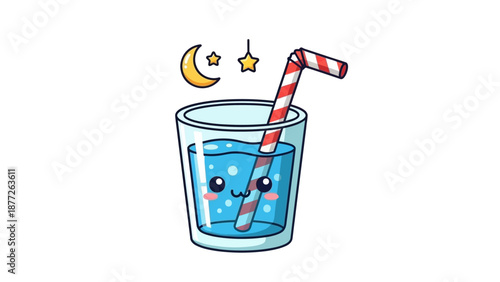 Cute cartoon glass of blue drink with straw and moon