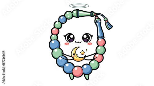 Cute cartoon rosary with smiling face and moon