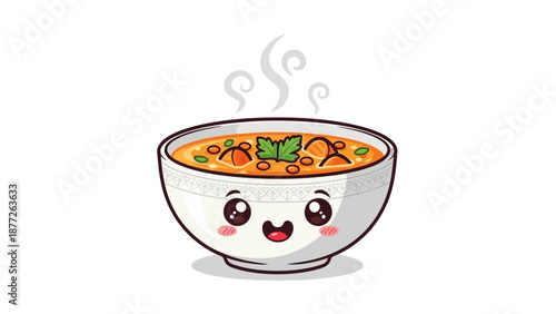 Cute cartoon bowl of soup with smiling face
