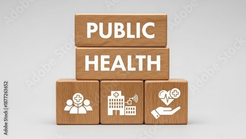 Wooden blocks with public health icons and text