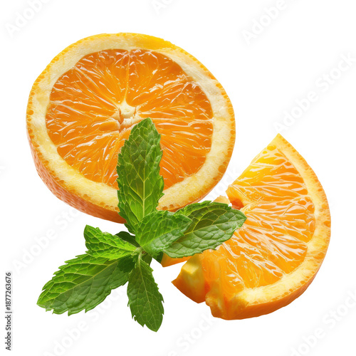 Vibrant orange slices and fresh mint leaves close-up isolated on white background