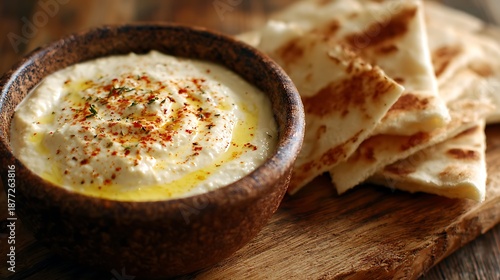 Creamy, homemade hummus, garnished with olive oil and spices, is presented with warm pita bread on a rustic wooden.