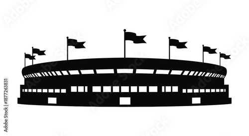 A striking black stadium with multiple waving flags portrayed in a dark silhouette