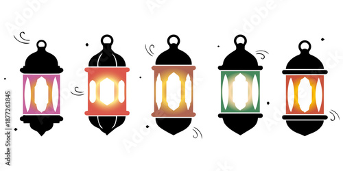 Colourful lanterns in a row on a white background and isolated on a transparent background