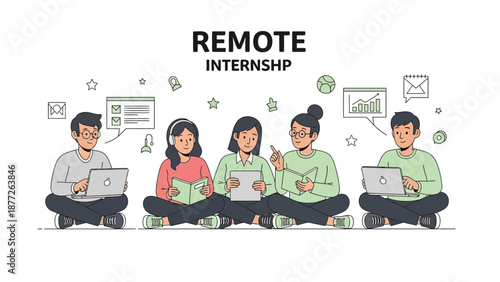 Remote Internship: Diverse Students Collaborating Online with Laptops and Books
