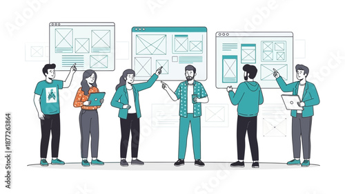Team Collaborating on Web Design Wireframes and User Interface Planning
