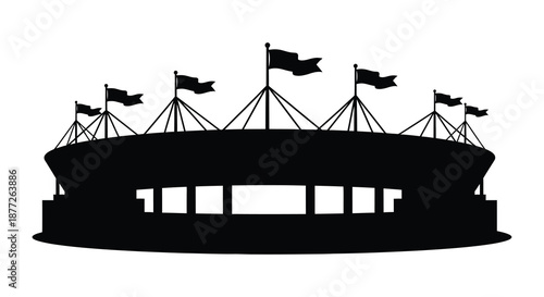 A striking black stadium with multiple waving flags portrayed in a dark silhouette