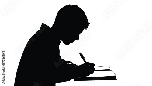 Silhouette of a focused young student diligently writing notes or completing homework assignment in an open notebook using a pen against a clean white background for educational concepts