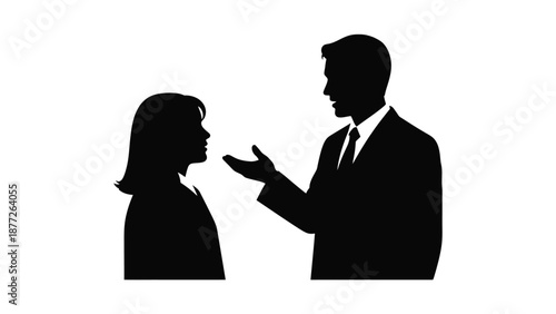 Silhouette of a formally dressed businessman gesturing while engaging in a serious conversation or negotiation with a professional woman in profile view