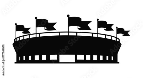 A striking black stadium outline with waving flags displayed prominently a compelling silhouette