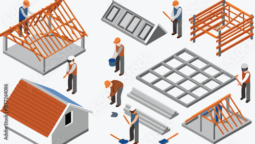 Construction workers building a house with various tools and materials