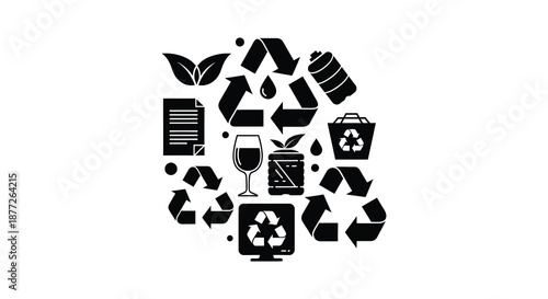 A collection of recycling symbols and materials presented in a striking black silhouette