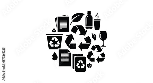 A collection of recycling symbols and natural elements depicted in a dark striking silhouette