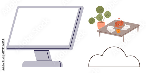 Remote work, digital media, cloud computing, workspace , minimalist design, home office setup. Computer monitor, desk with plant papers bag coffee mug. Remote work and cloud computing themes