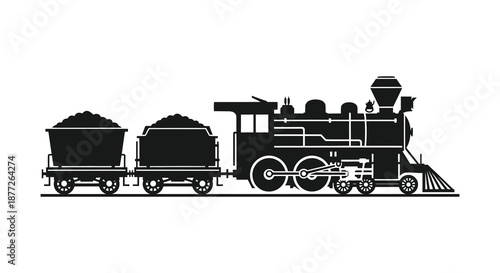 A striking black and white depiction of a vintage steam train with coal cars silhouette