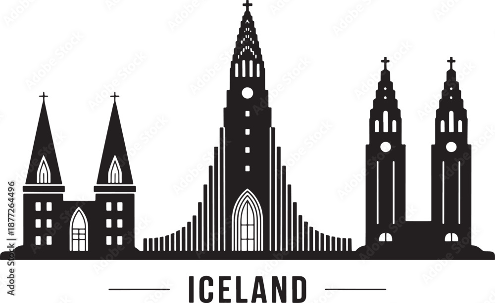 Obraz premium Iceland skyline with iconic churches and famous landmark silhouette