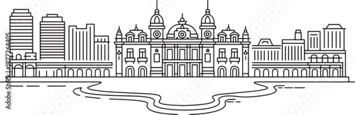 Cityscape line art with river panoramic view architecture urban landscape building outline