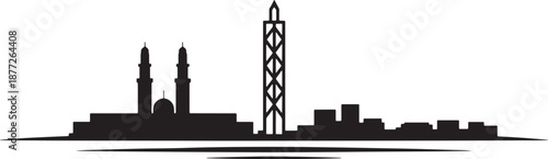 City skyline silhouette with mosque and modern tower buildings urban landscape