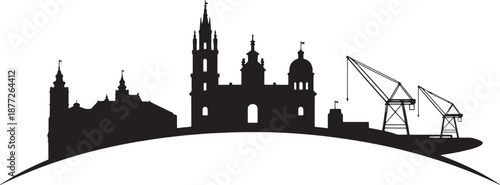 City skyline silhouette with historic buildings and industrial cranes panoramic view