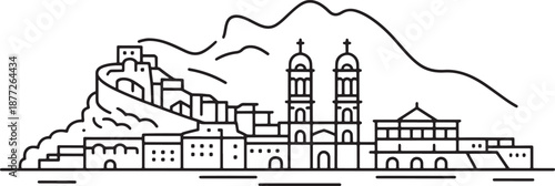 Detailed line art skyline depicting historical hill fortress churches and mountain background scenery