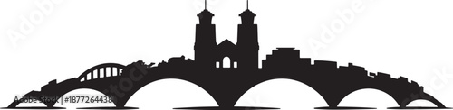 Detailed skyline silhouette with twin spired cathedral large stone bridge and smaller city elements