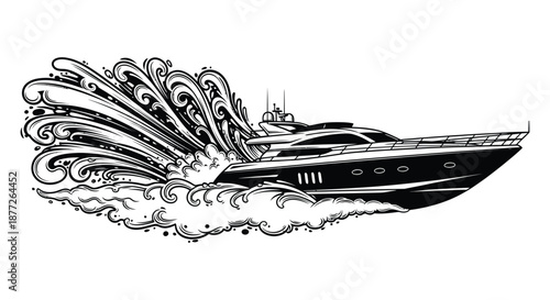 Dynamic yacht cutting through stylized waves a vintage inspired black and white illustration silhouette