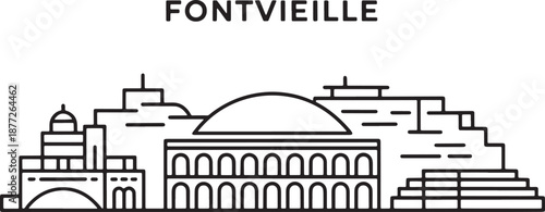 Fontvieille Monaco city skyline outline with oceanographic museum, travel landmark vector illustration