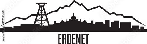 Erdenet Mongolia city skyline silhouette with mining tower and mountains, travel vector illustration