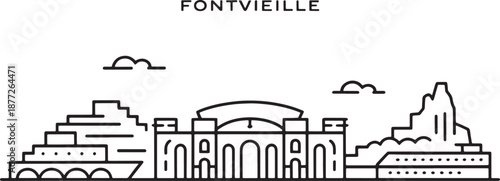 Fontvielle skyline with landmark buildings and cloudy sky simple line art